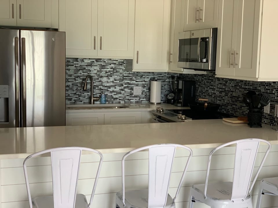 Freshly remodeled kitchen featuring full size oven and large refrigerator.