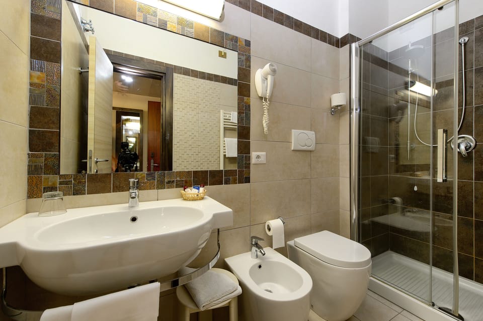 Shower, free toiletries, hair dryer, bidet
