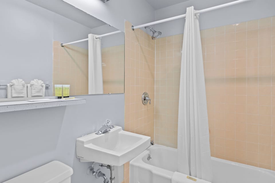 Combined shower/tub, hair dryer, bathrobes, towels