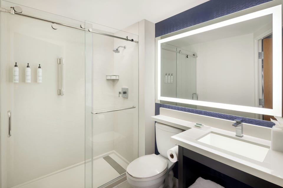 Hair dryer, towels, soap, shampoo