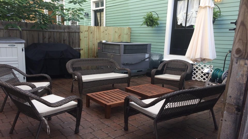 Private backyard.  Plenty of shade, comfy seats and gas BBQ. Perfect end to day.