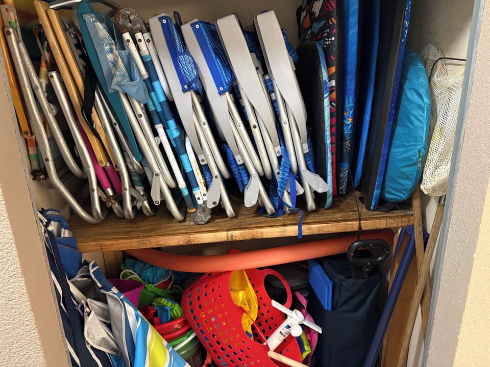 Beach chairs, umbrellas, wagon and toys