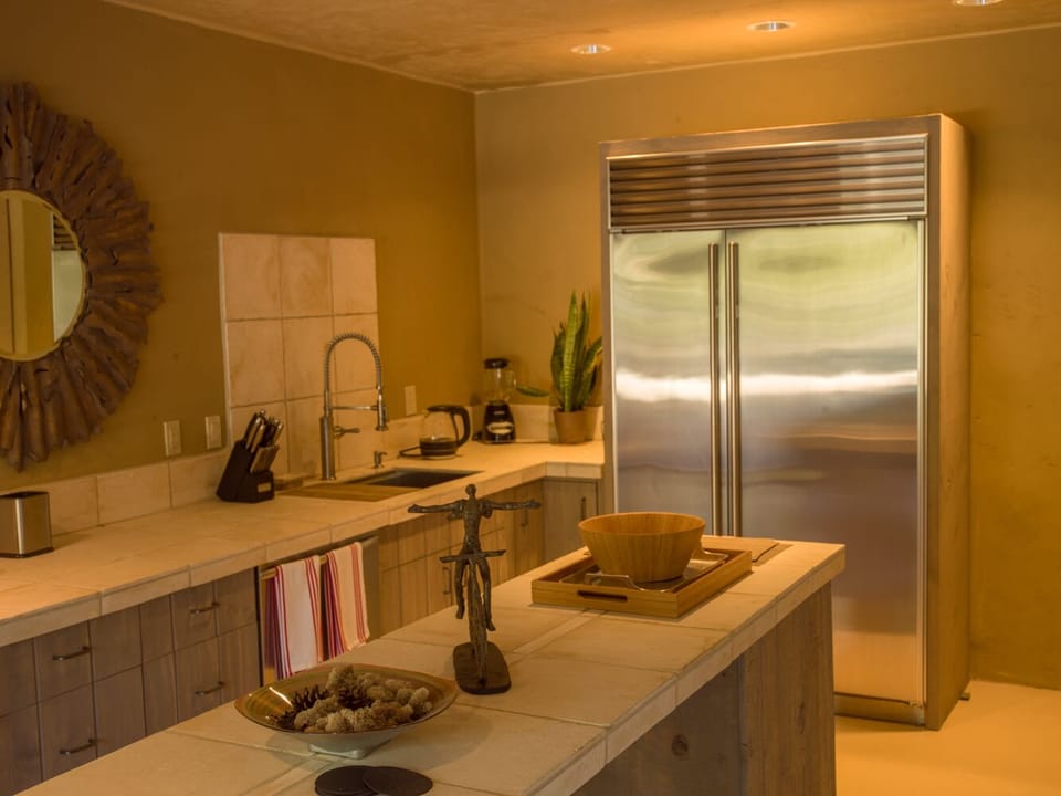 Kitchen with Sub-Zero Double Door Fridge and Induction Oven.