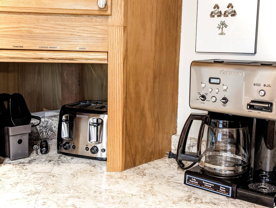 coffee maker, toaster, hand mixer. Regular, ground coffee provided.