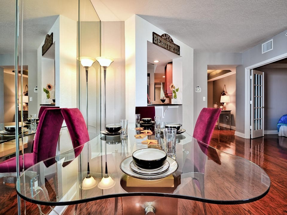 Dining table has seating for 4 guests