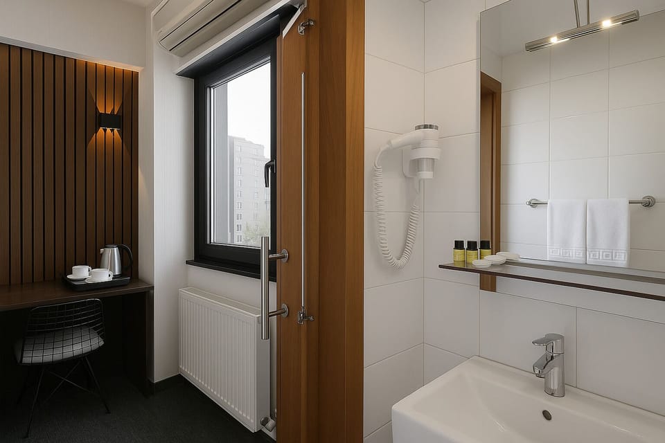 Shower, designer toiletries, hair dryer, slippers