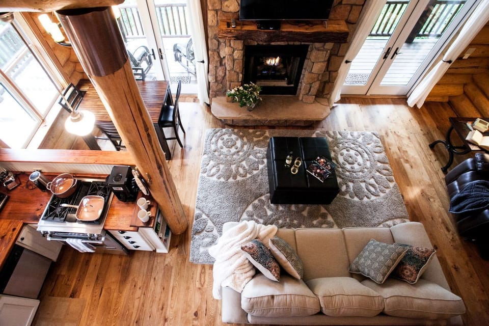 Upper-level view of living area and kitchen.
