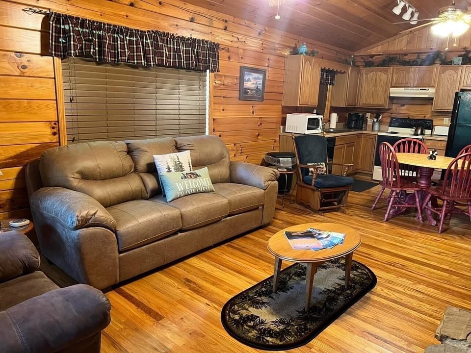 Comfy living, dining, kitchen area.