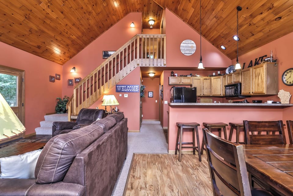 High ceilinged kitchen/dining area
