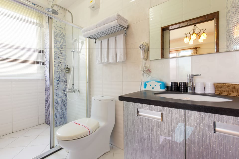 Shower, free toiletries, hair dryer, slippers