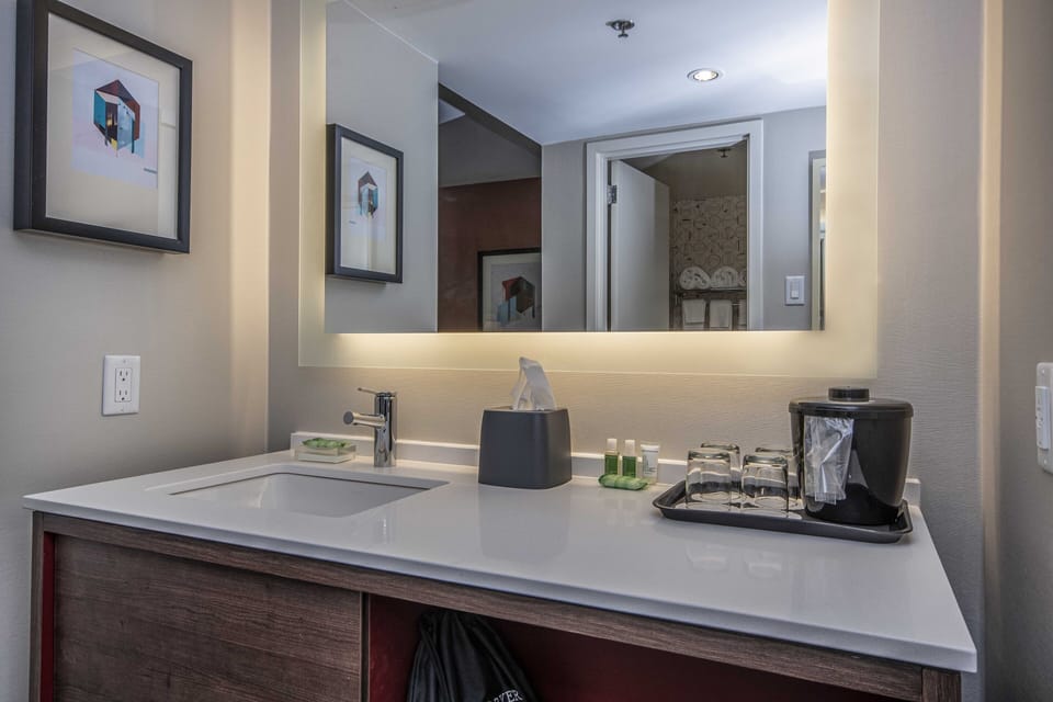 Combined shower/tub, free toiletries, hair dryer, towels