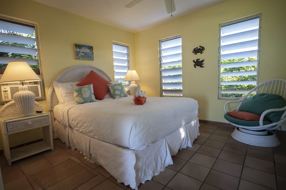 Bedroom with ceiling fan, screens for cross breeze and A/C