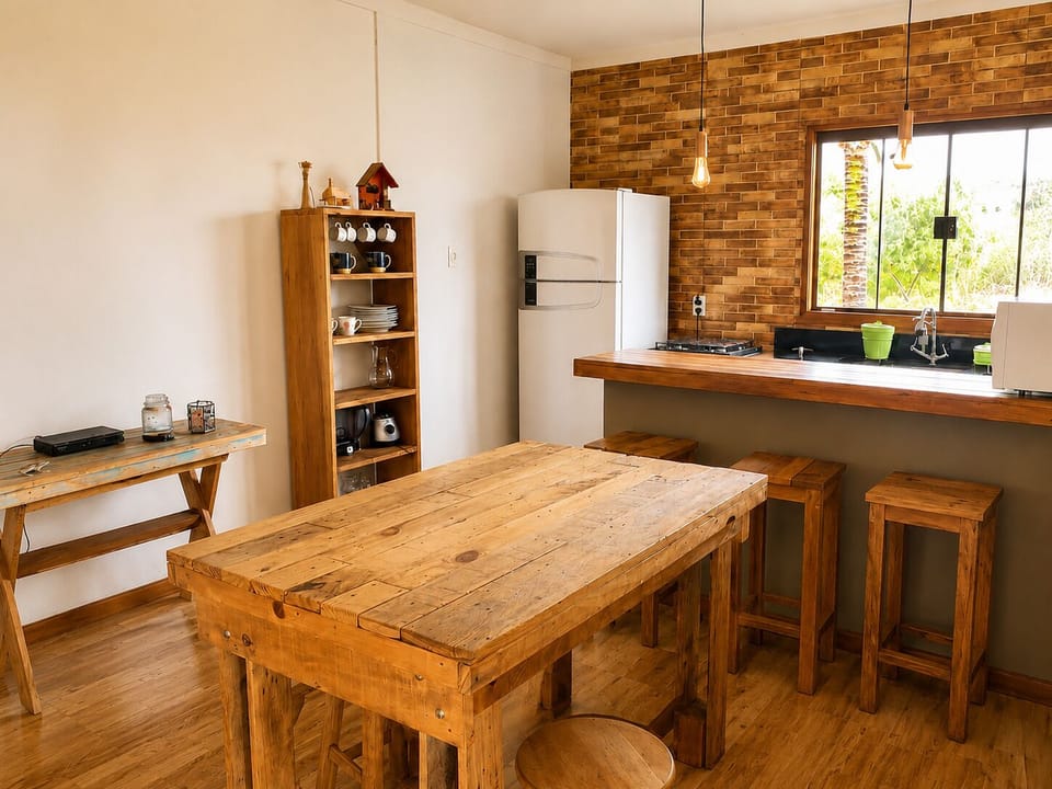 Full-size fridge, microwave, cookware/dishes/utensils