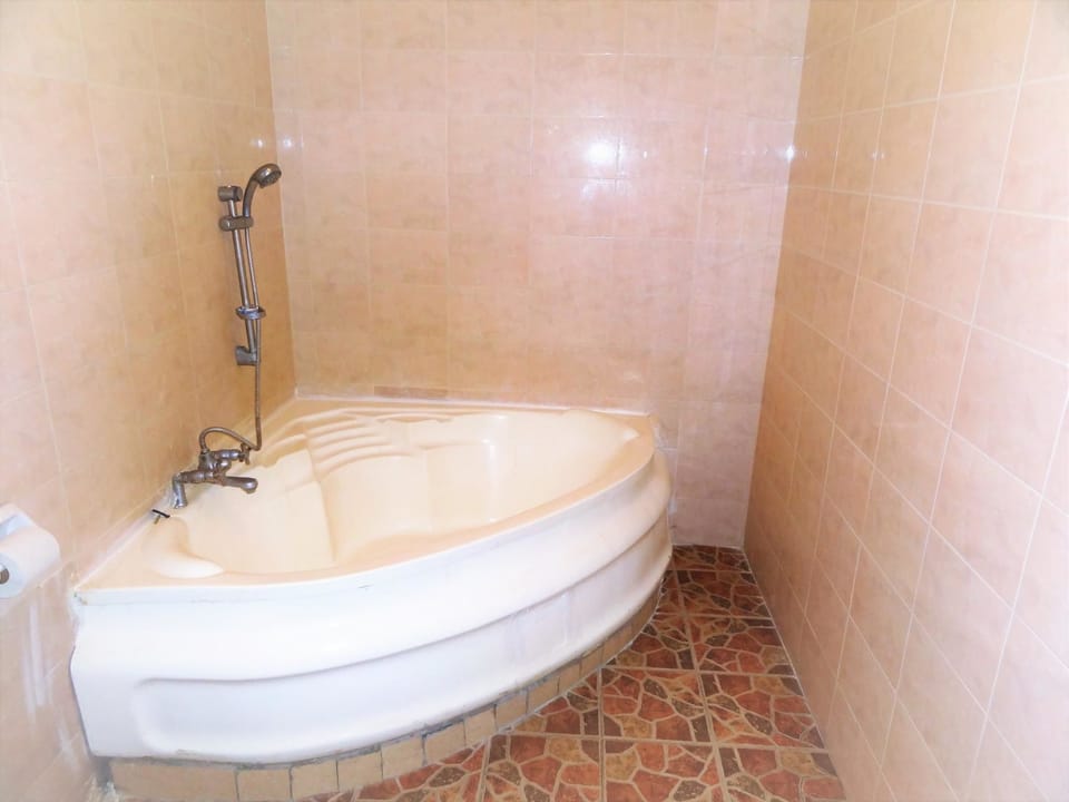 Shower, free toiletries, slippers, towels