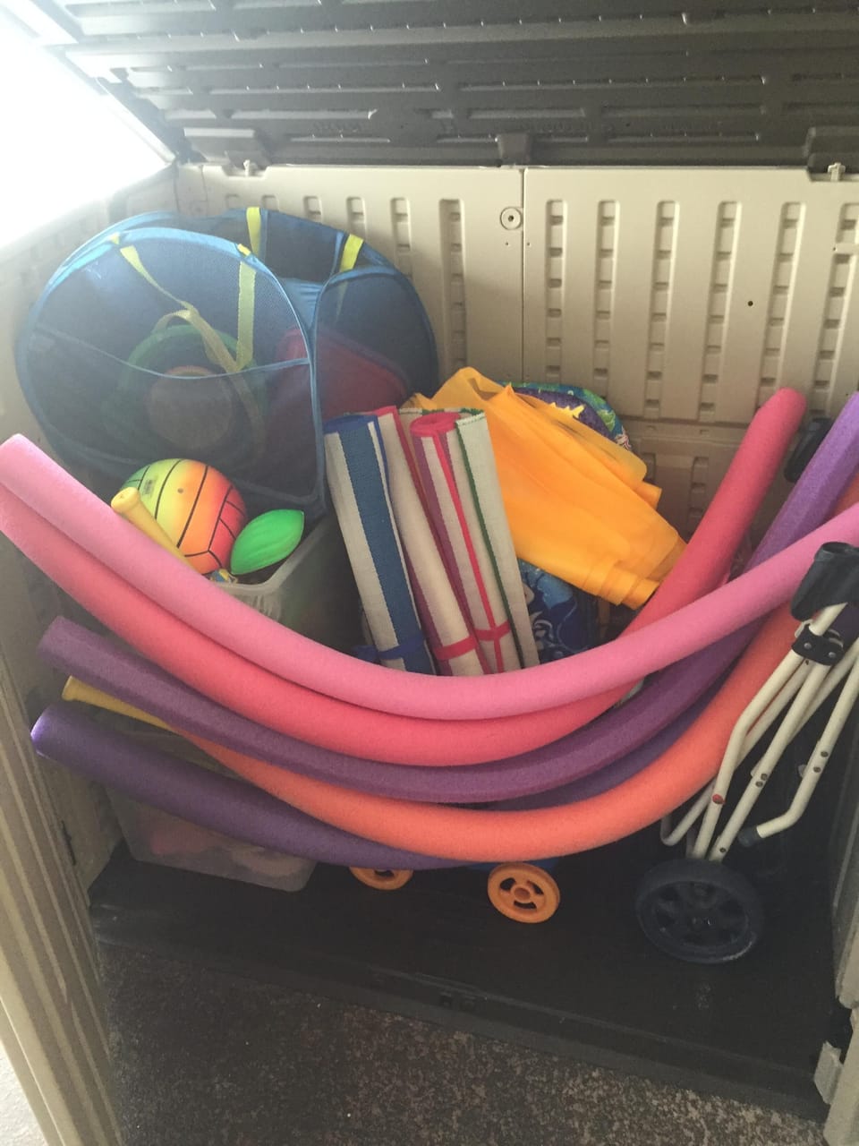 Lots of beach/pool toys for you: noodles, beach chairs, boards, sports balls.
