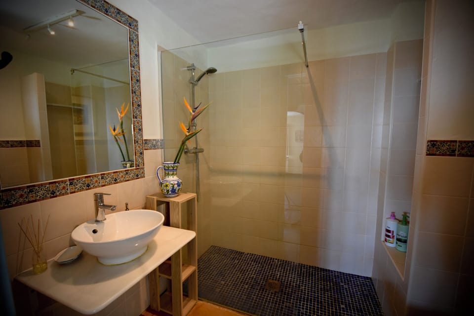 Connecting bathroom with a walk-in double shower, single sink and toilet