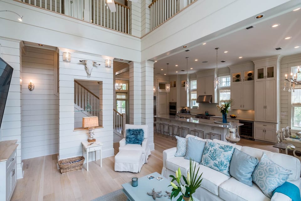 Second floor balcony overlooks family room.