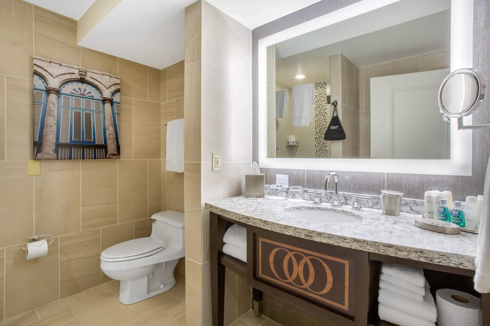 Combined shower/tub, free toiletries, hair dryer, bathrobes