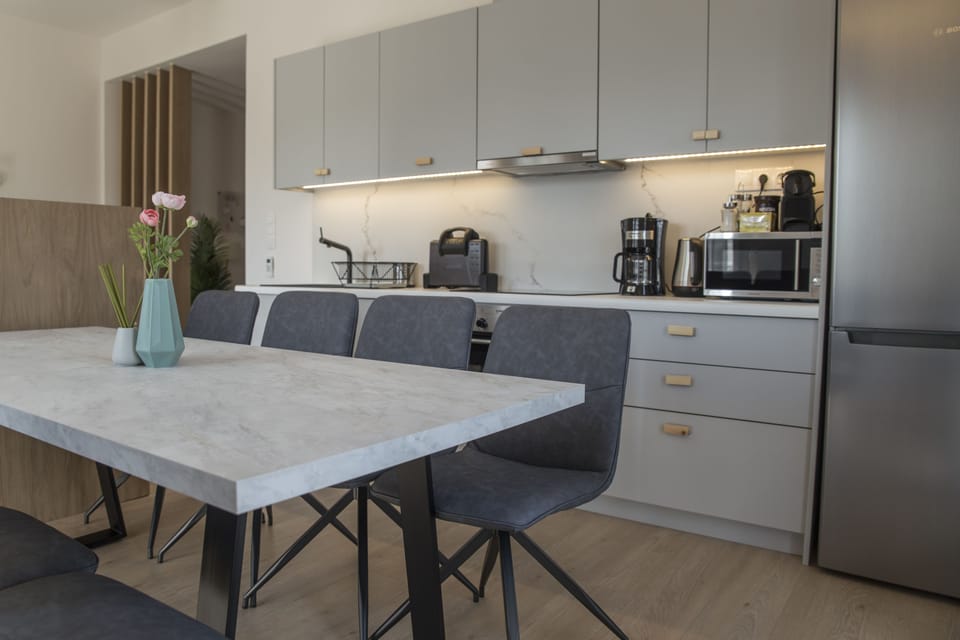 Deluxe Apartment, 4 Bedrooms, Terrace, City View | Private kitchen | Full-size fridge, microwave, oven, stovetop