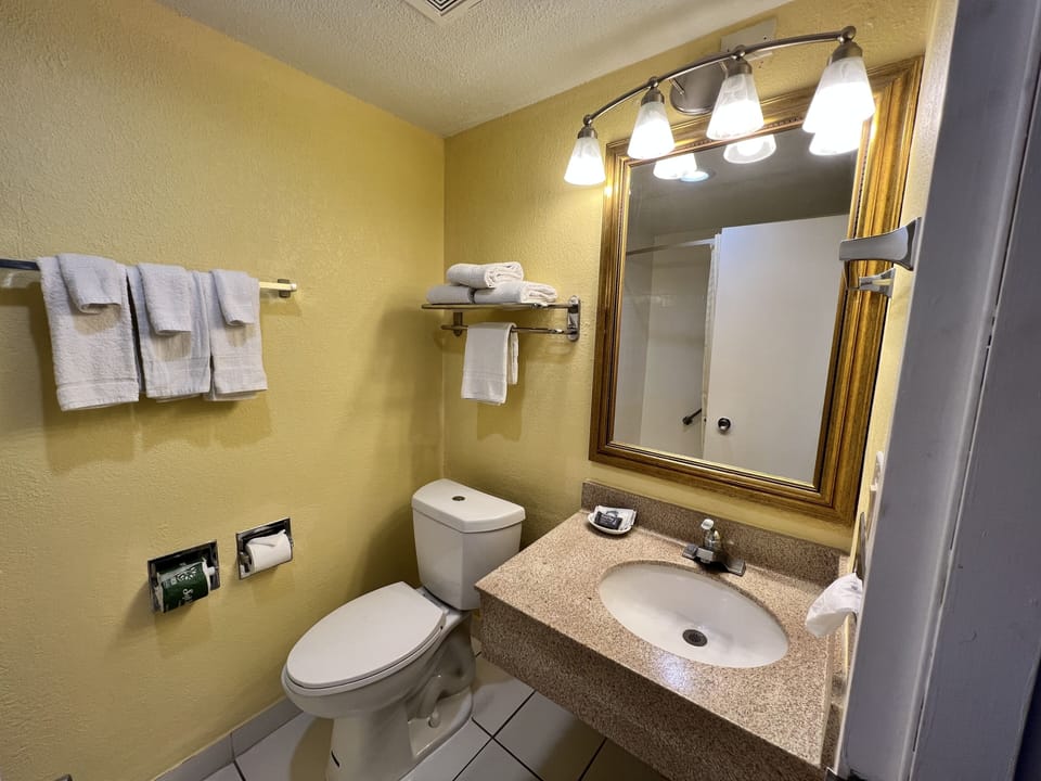 Combined shower/tub, free toiletries, hair dryer (on request), towels