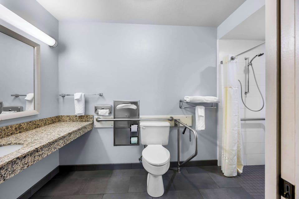 Standard Room, 1 Queen Bed, Accessible, Refrigerator & Microwave | Bathroom | Free toiletries, hair dryer, towels
