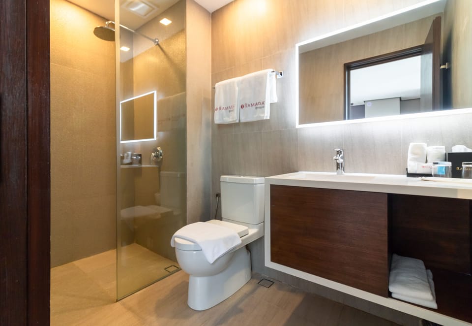 Deluxe Queen | Bathroom | Shower, free toiletries, hair dryer, slippers
