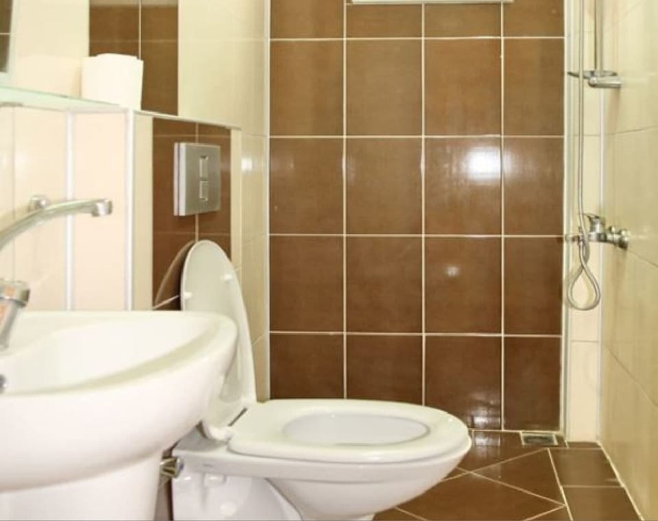 Shower, hair dryer, slippers, towels