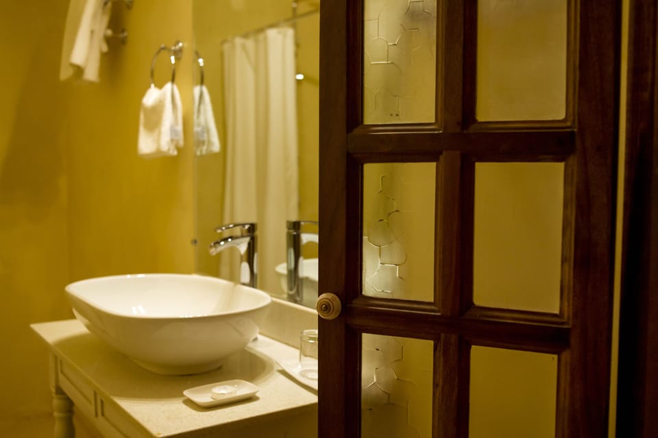 Shower, rainfall showerhead, hair dryer, bathrobes