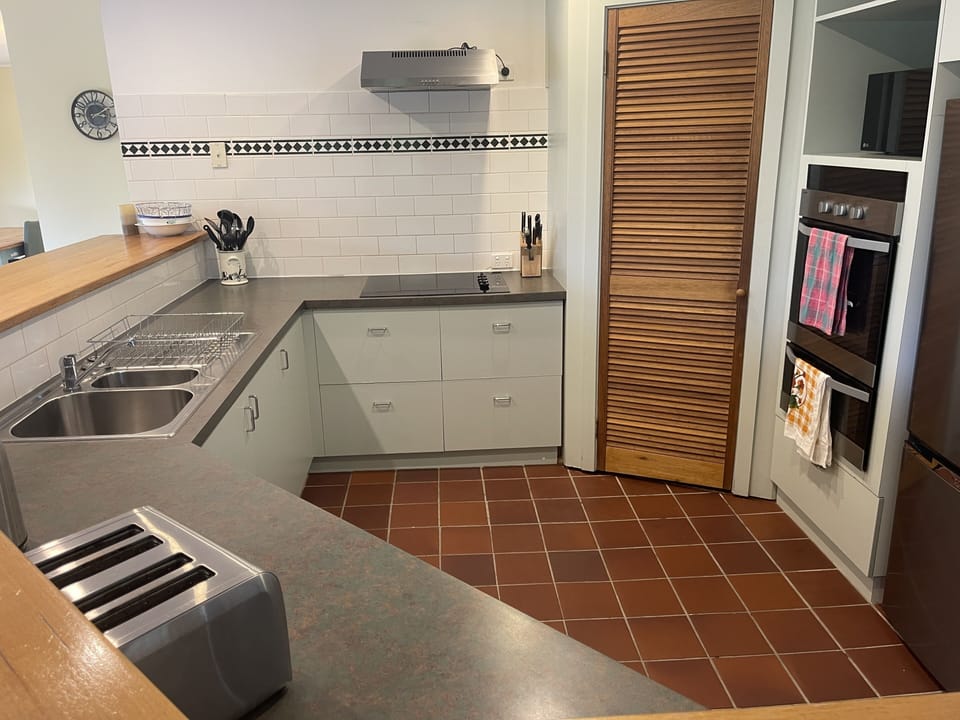 Kitchen has an induction cooktop and electric oven