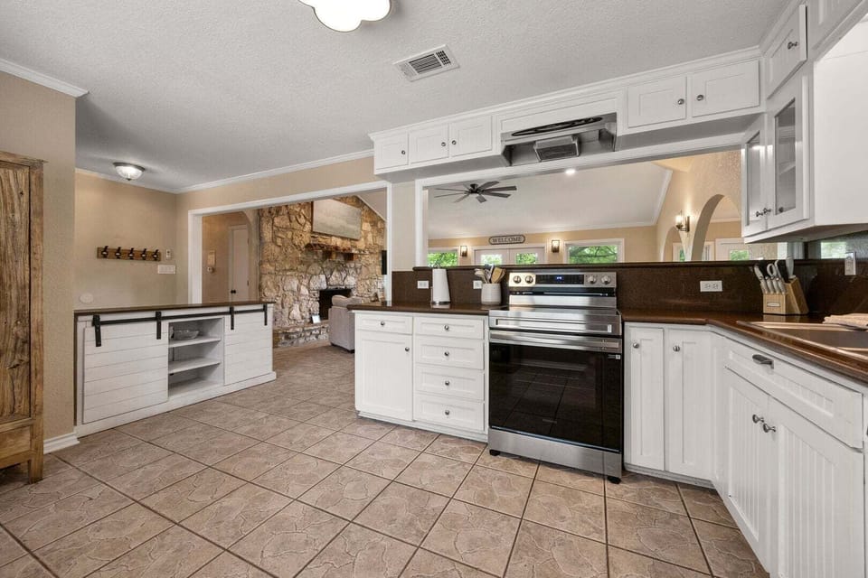 Kitchen opens into living room