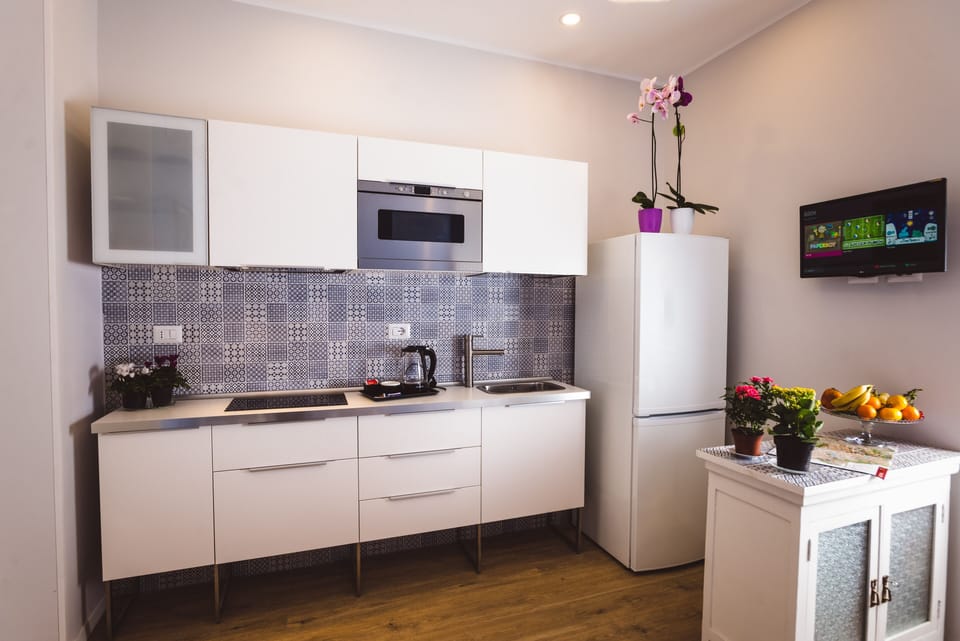 Full-size fridge, microwave, stovetop, toaster
