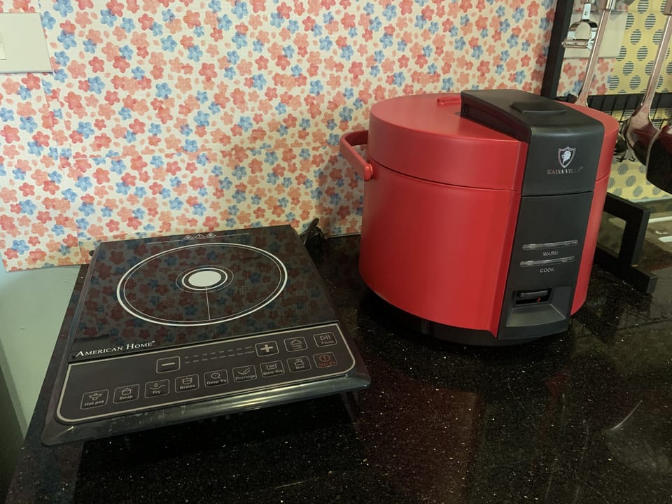 Full-size fridge, dining tables