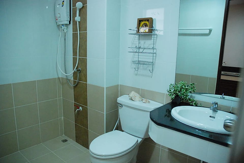 Shower, free toiletries, hair dryer, towels