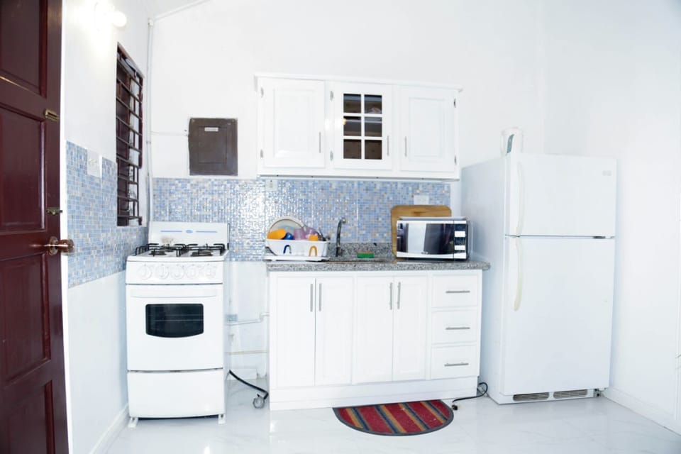 Full-size fridge, microwave, oven, stovetop