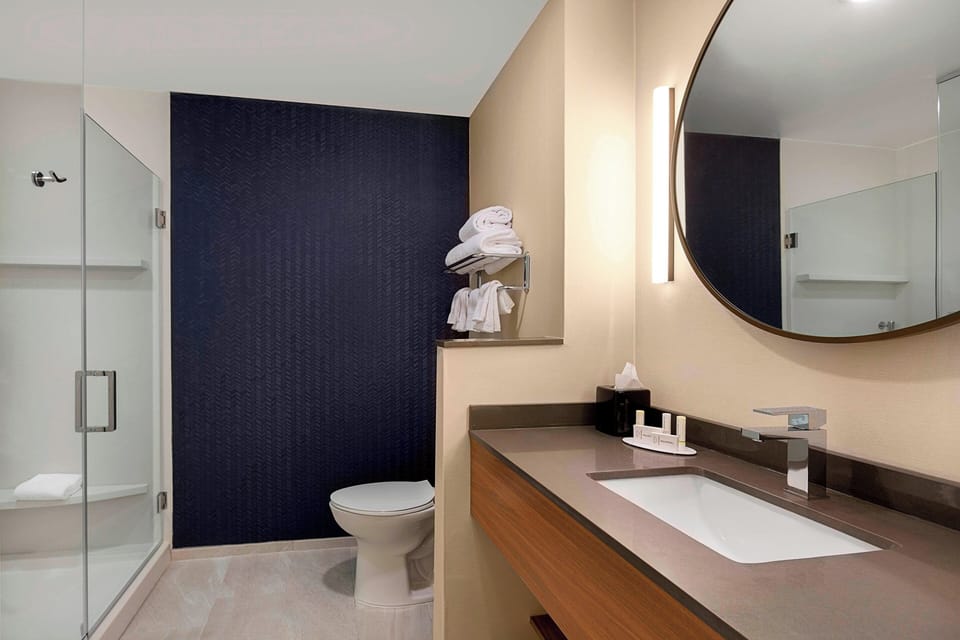 Combined shower/tub, free toiletries, hair dryer, towels