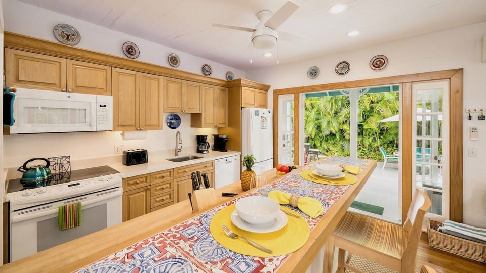 The kitchen is fully equipped with every tool needed to prepare a meal at home...