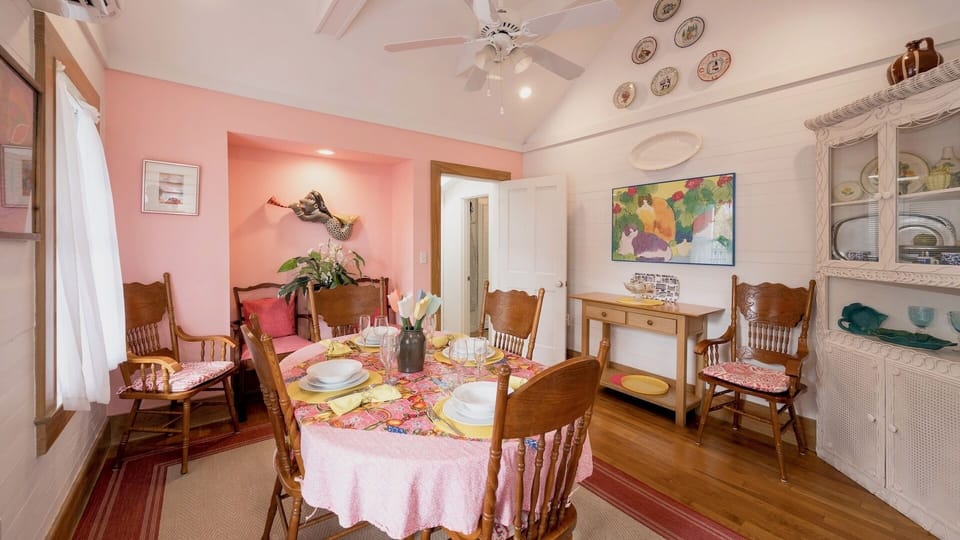 The indoor dining table seats six...