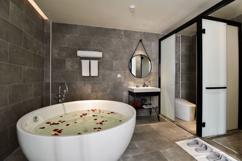 Deluxe Double Room | Bathroom | Shower, hydromassage showerhead, free toiletries, hair dryer