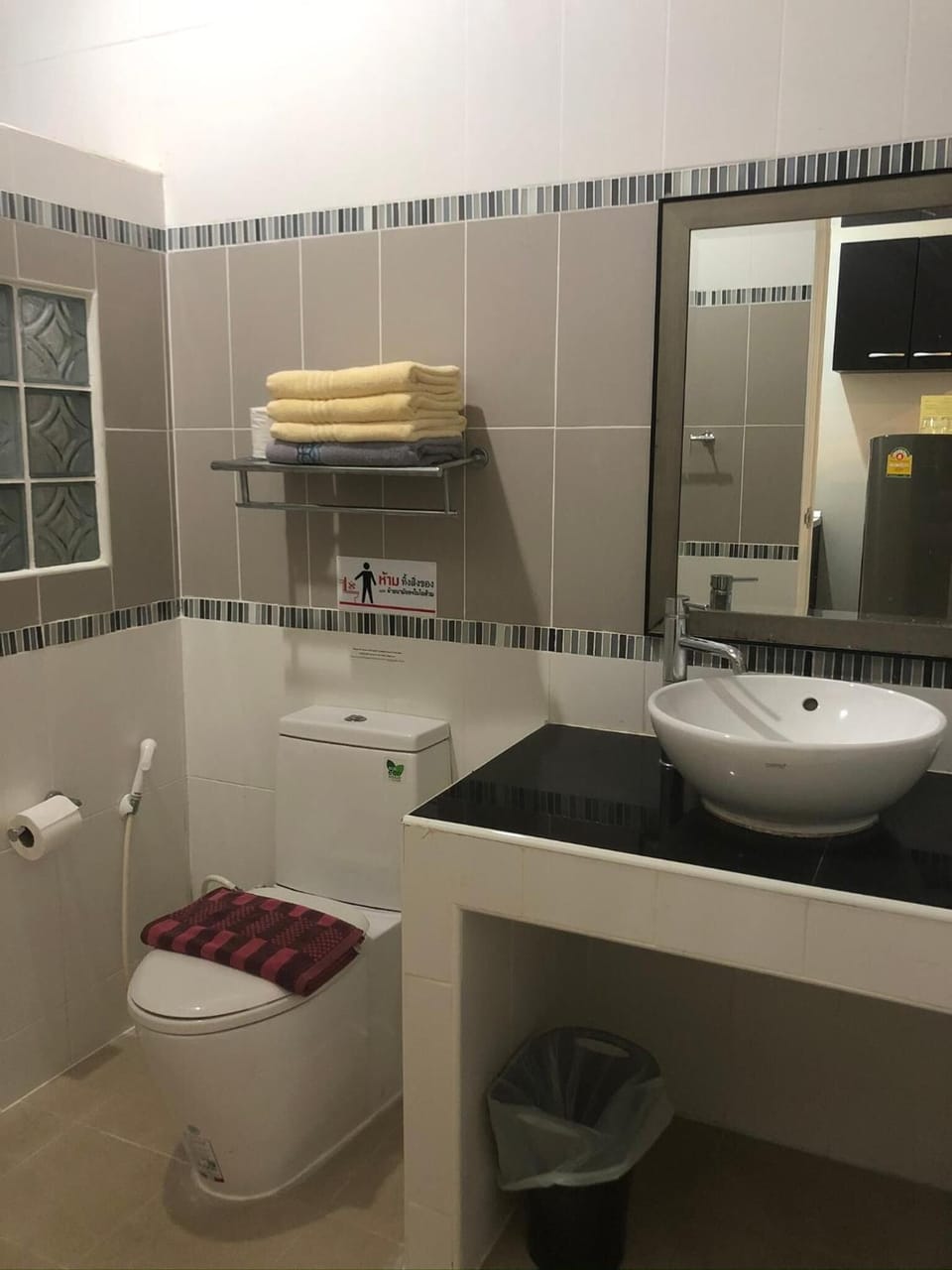 Shower, towels, soap, toilet paper