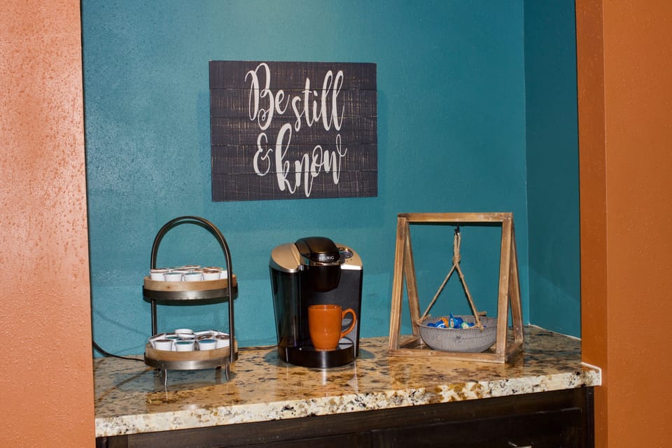 Keurig coffee station just for you! Complete with creamer options. 