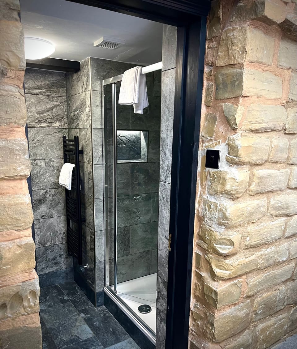 Shower, free toiletries, hair dryer, towels
