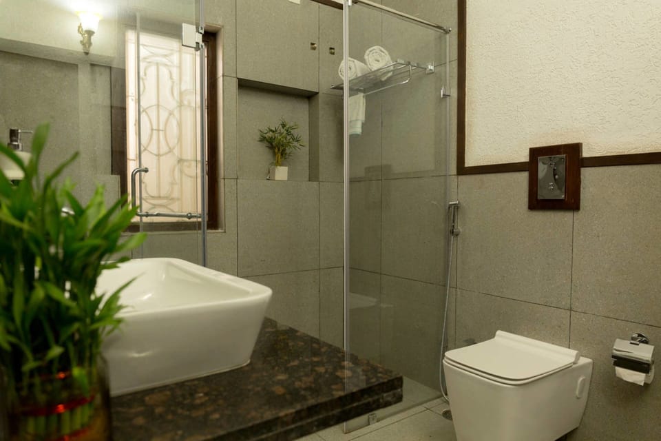 Shower, towels, soap, shampoo