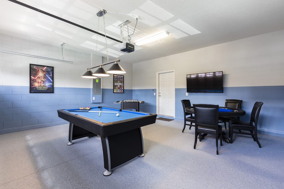 Game Room with 4K TV, Poker Table, Pool Table & Foosball Table