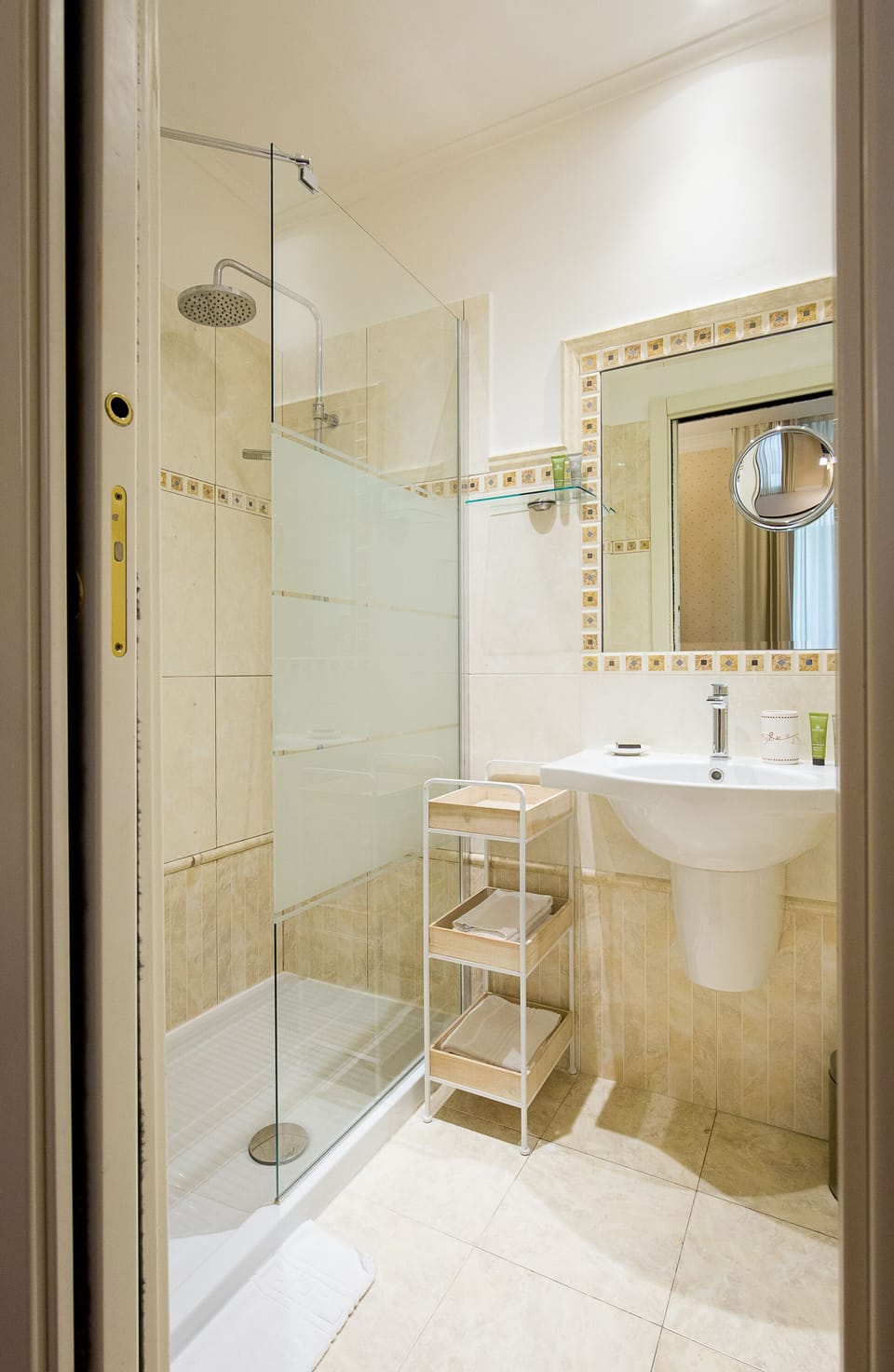 Shower, designer toiletries, hair dryer, bidet