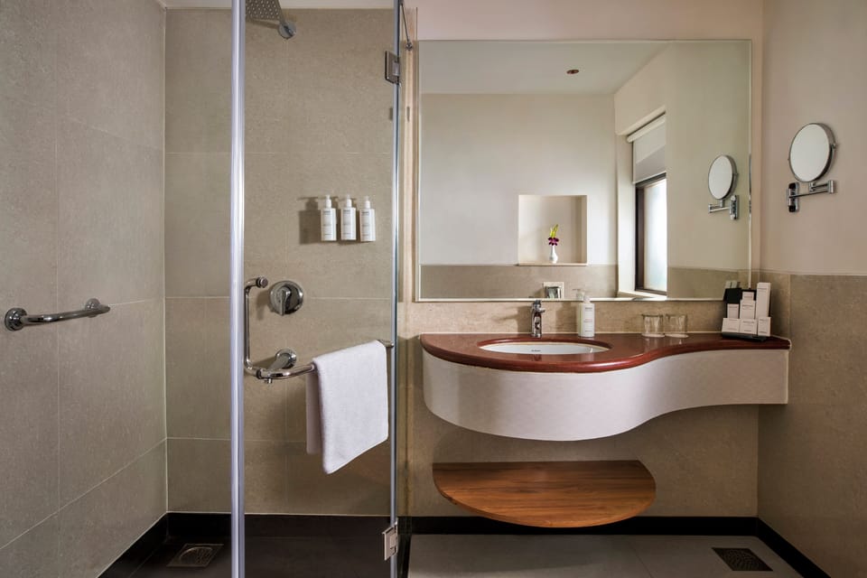 Rainfall showerhead, eco-friendly toiletries, hair dryer, bathrobes