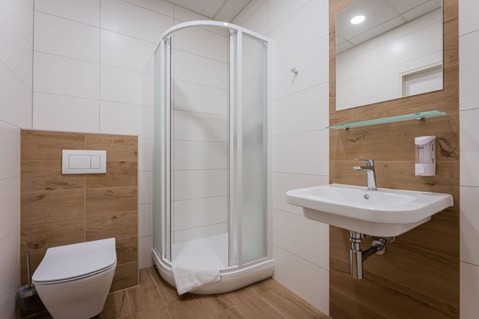 Shower, free toiletries, hair dryer, towels