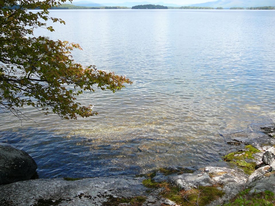 Natural stone ledge for swimmiging gently slopes into Lake Winnipesaukee