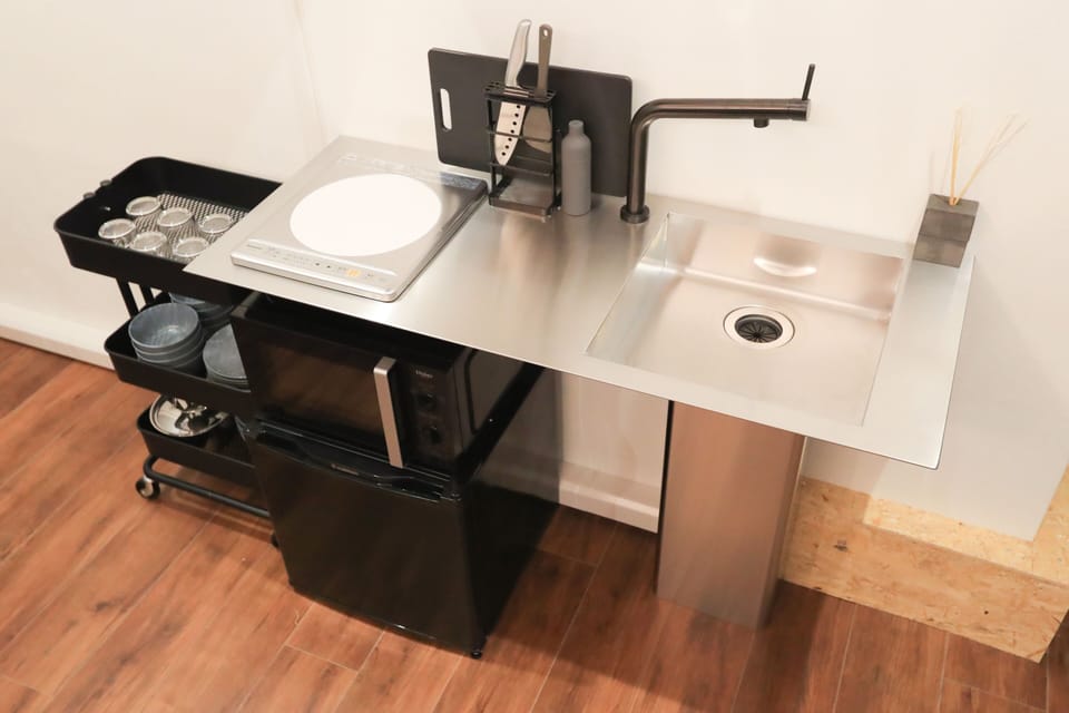 Fridge, microwave, electric kettle