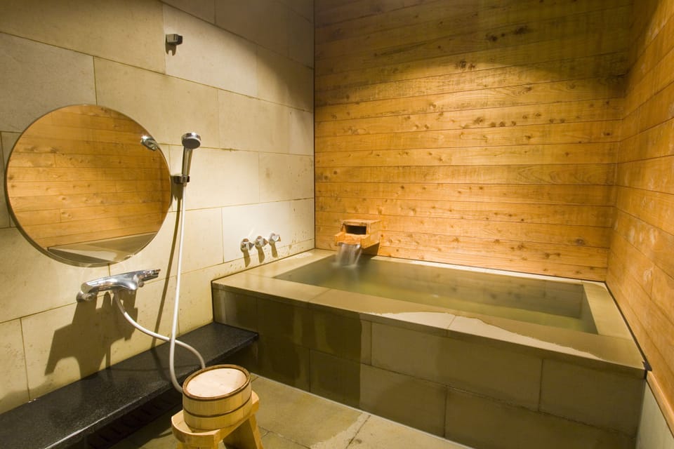 Japanese-Style Room with Open Air Bath - Yamabuki | Bathroom | Spring water tub, free toiletries, hair dryer, electronic bidet