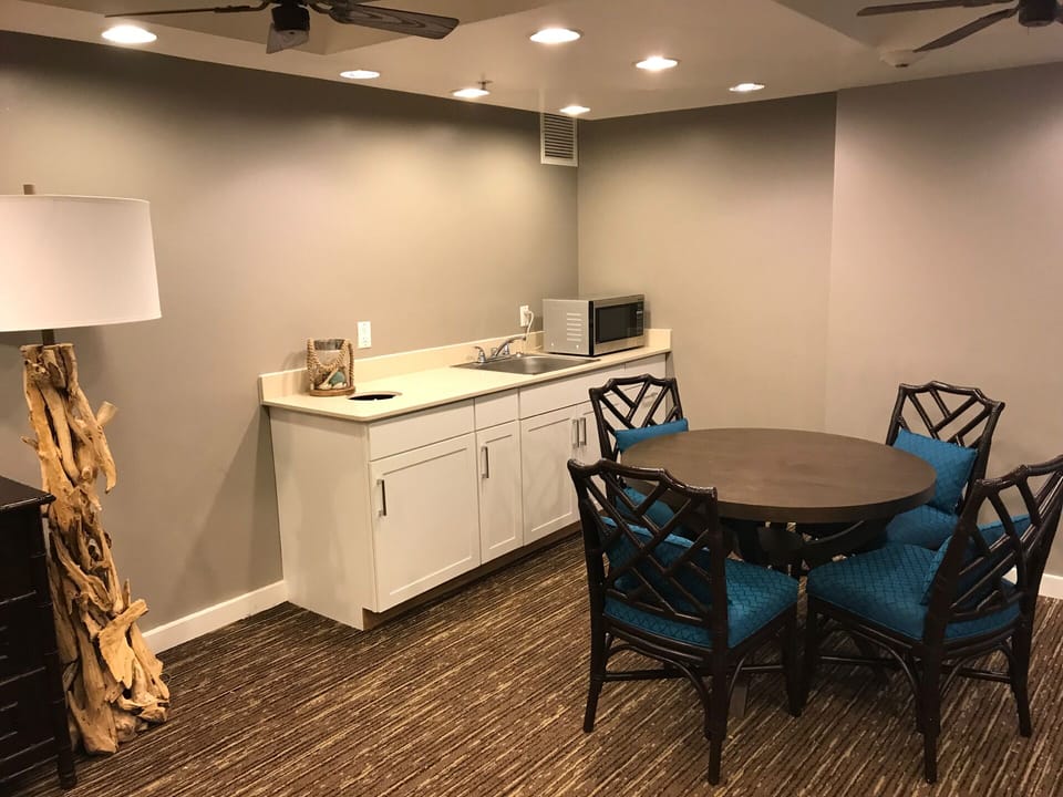 Lounge area has sink and microwave.
